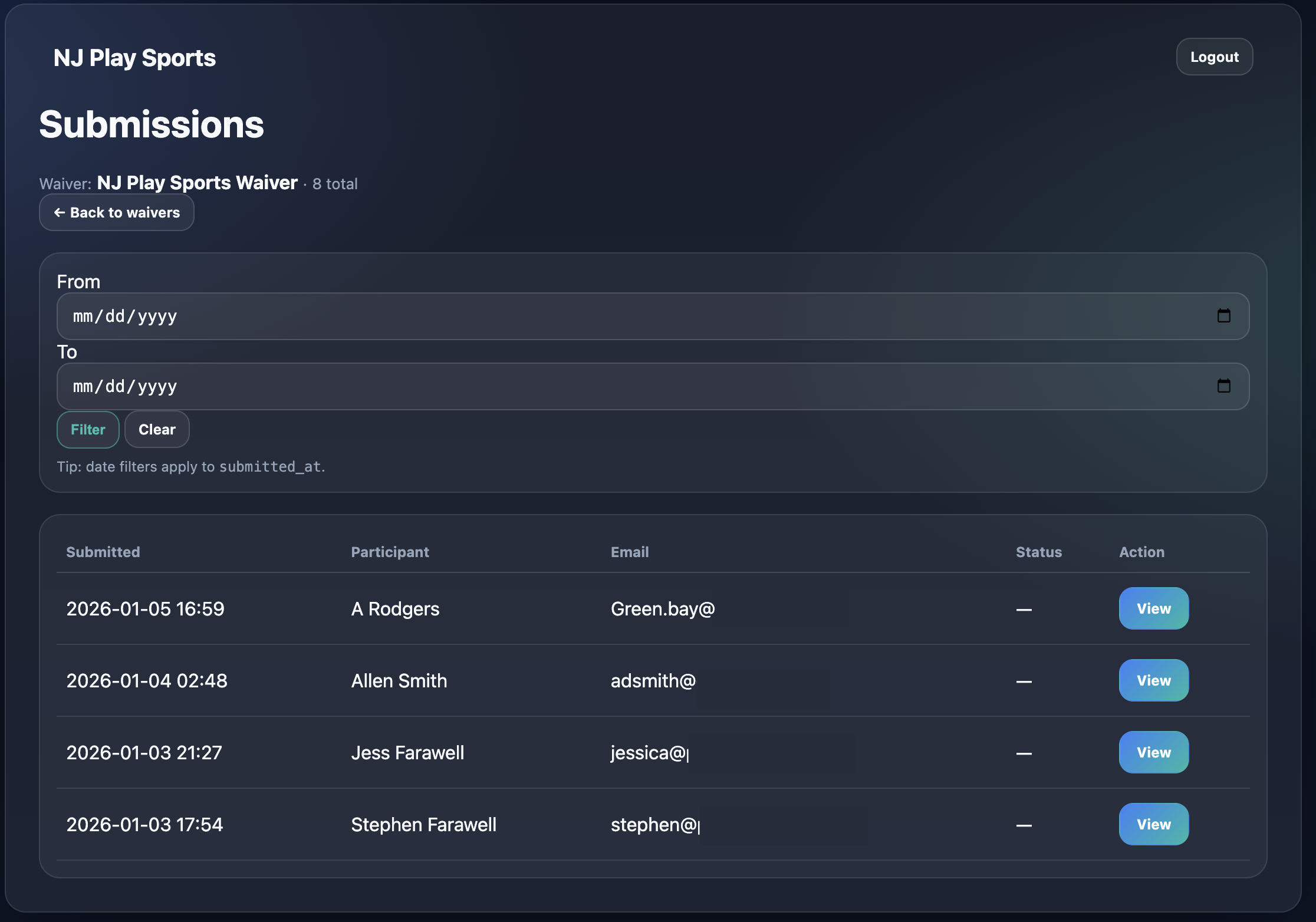 ClearWaiver signed waiver submissions with timestamps and participant records